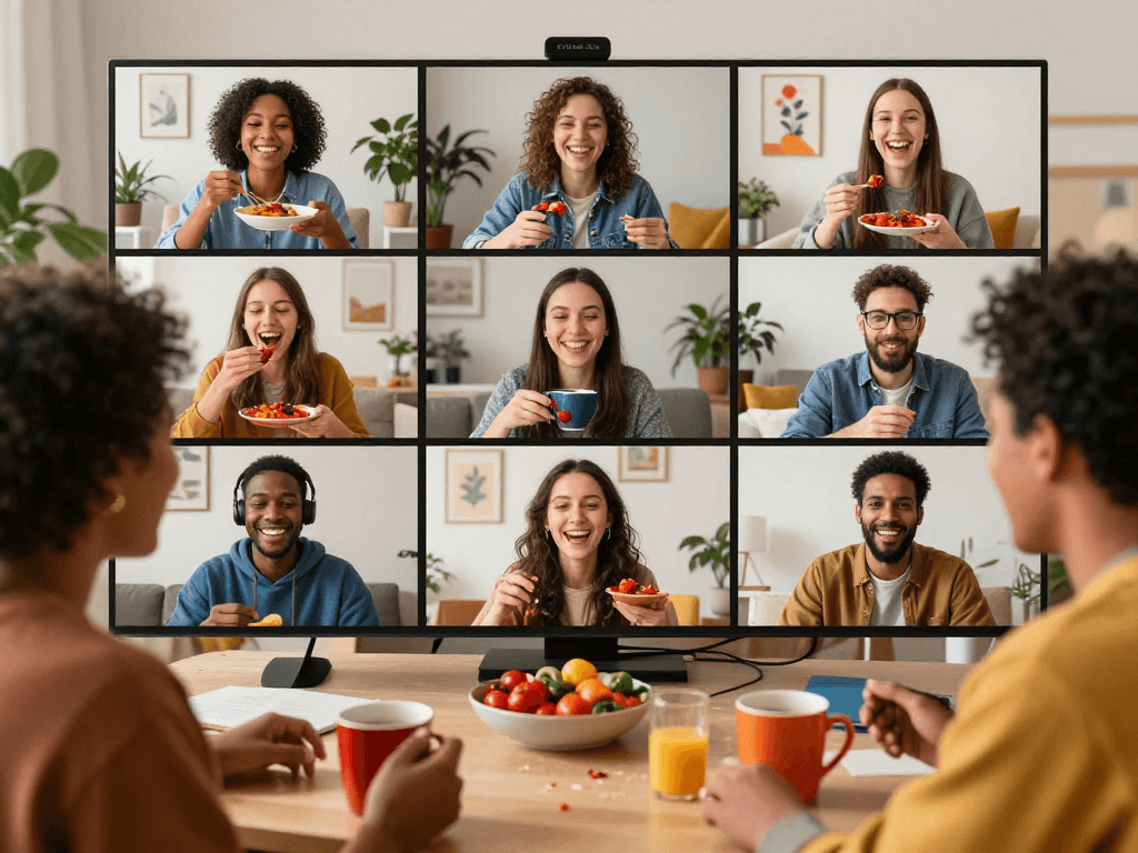 Diverse group enjoying a spicy chat over video call with a warm atmosphere.