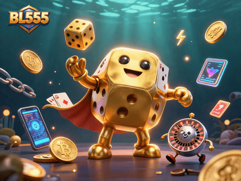 Engage with BL555 through a vibrant, dynamic gaming scene featuring golden dice and crypto elements.
