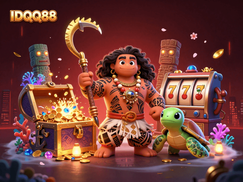 IDQQ88 showcases vibrant slots action with a tiki demigod and treasures.