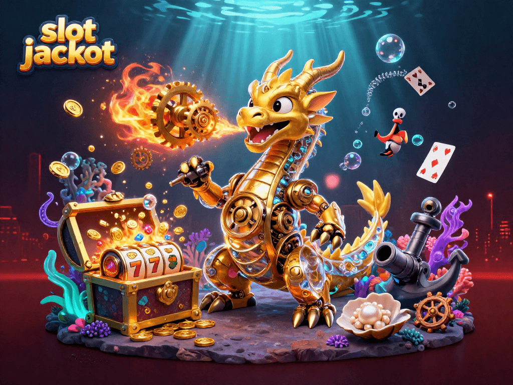 Menangkan jackpot slot dengan ilustrasi 3D naga emas dan simbol permainan di lautan