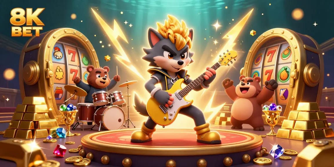 Experience thrilling wins at 8K BET with vibrant 3D casino illustration of animated characters.