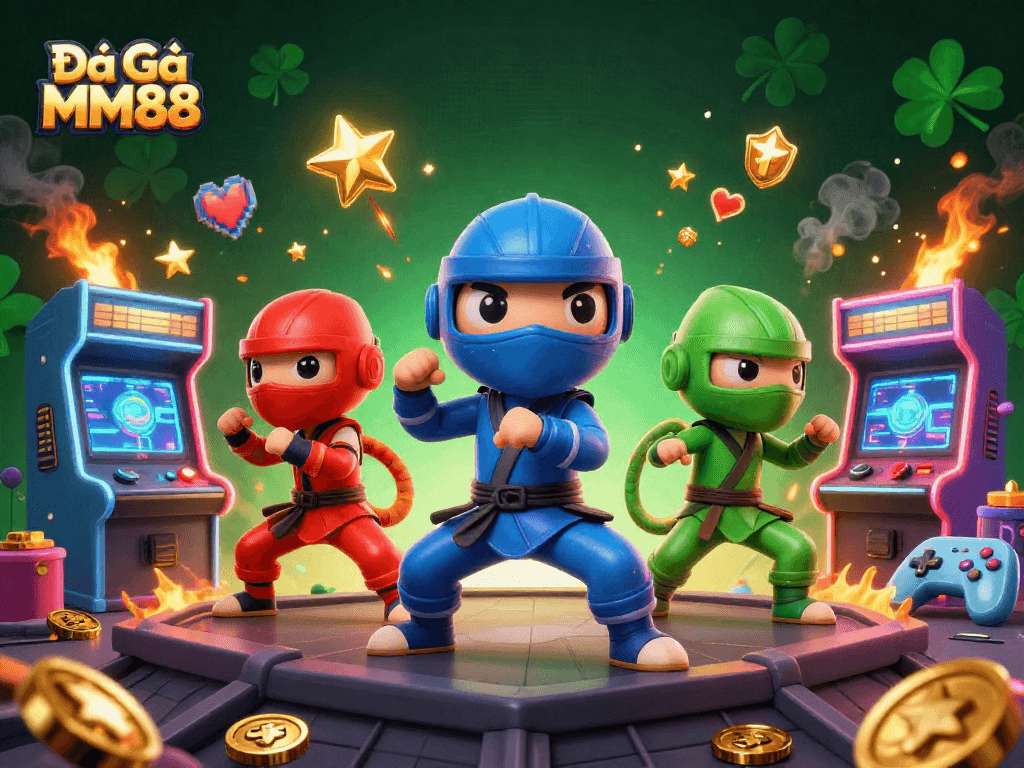 Experience Đá Gà MM88 with ninja chameleons, arcade games, and dynamic action in this illustration.