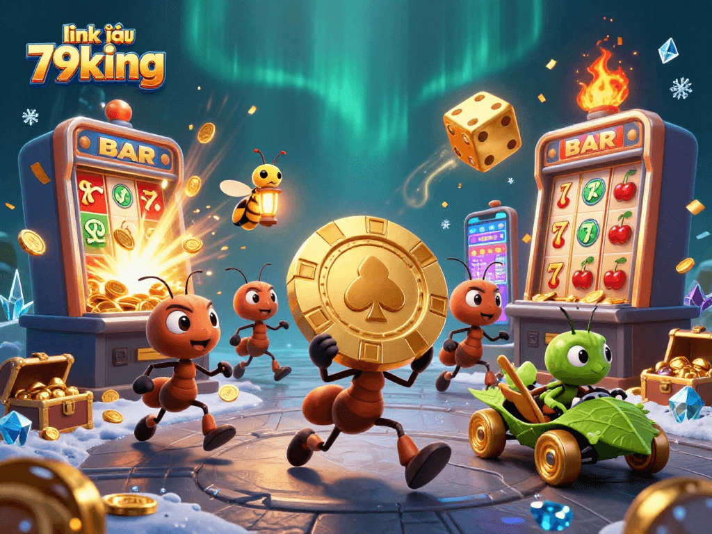 Win big at link vào 79king as energetic ants and characters engage in a vibrant casino heist.
