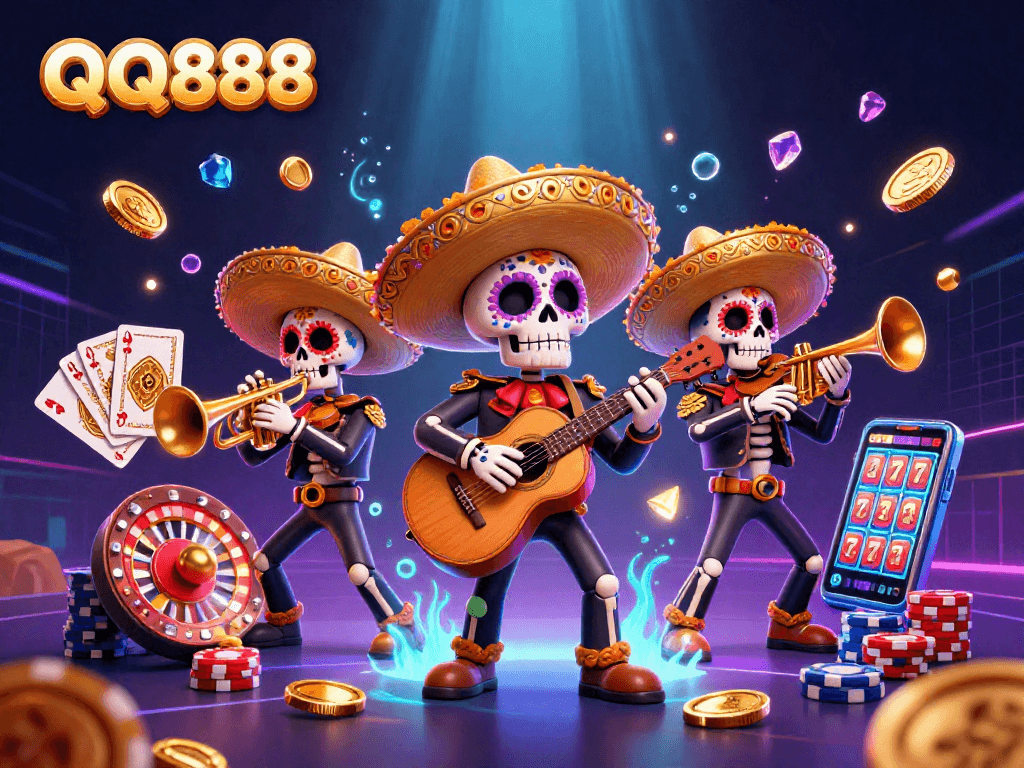 Experience thrilling gameplay with QQ888's vibrant 3D illustration featuring a mariachi band amidst a cascade of coins and gems.