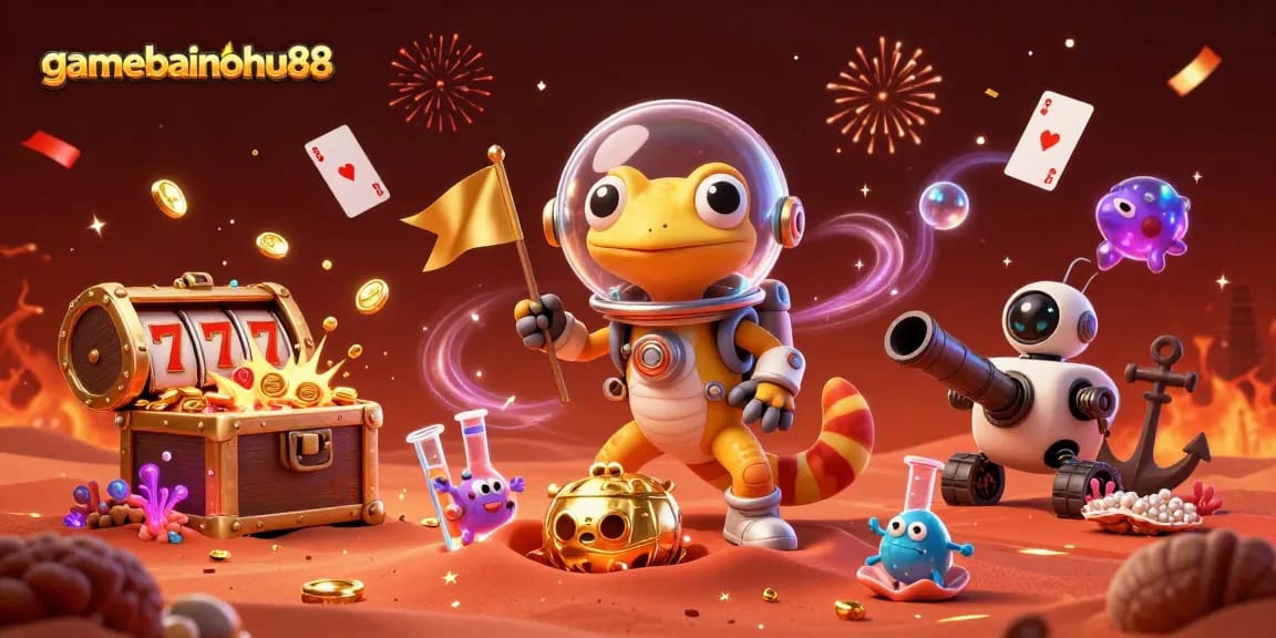 Engage in thrilling gameplay at gamebainohu88 with vibrant 3D Martian characters exploring a golden casino.