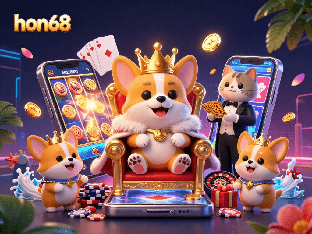 Experience hon68's dynamic gaming scene with a royal corgi, card deck, and vibrant slot games.