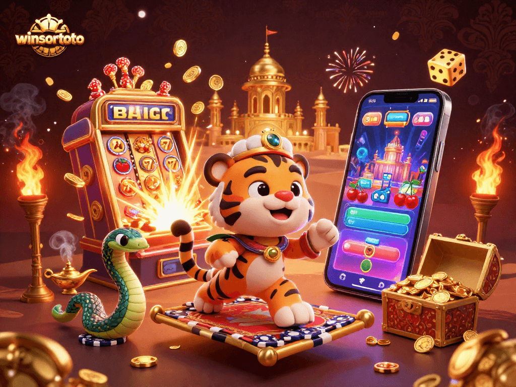 Memenangkan permainan di winsortoto dengan jackpot slot 3D yang berkilauan dan simbol beruntun.