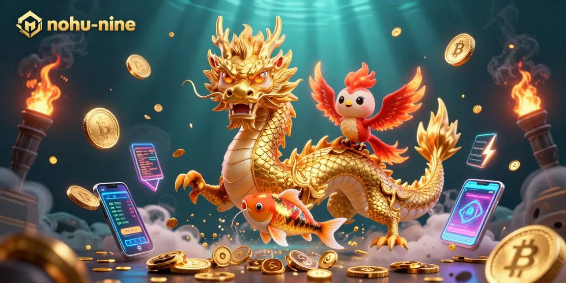 Experience thrilling action in nohu-nine with a golden dragon, phoenix, and koi fish leaping through coins.