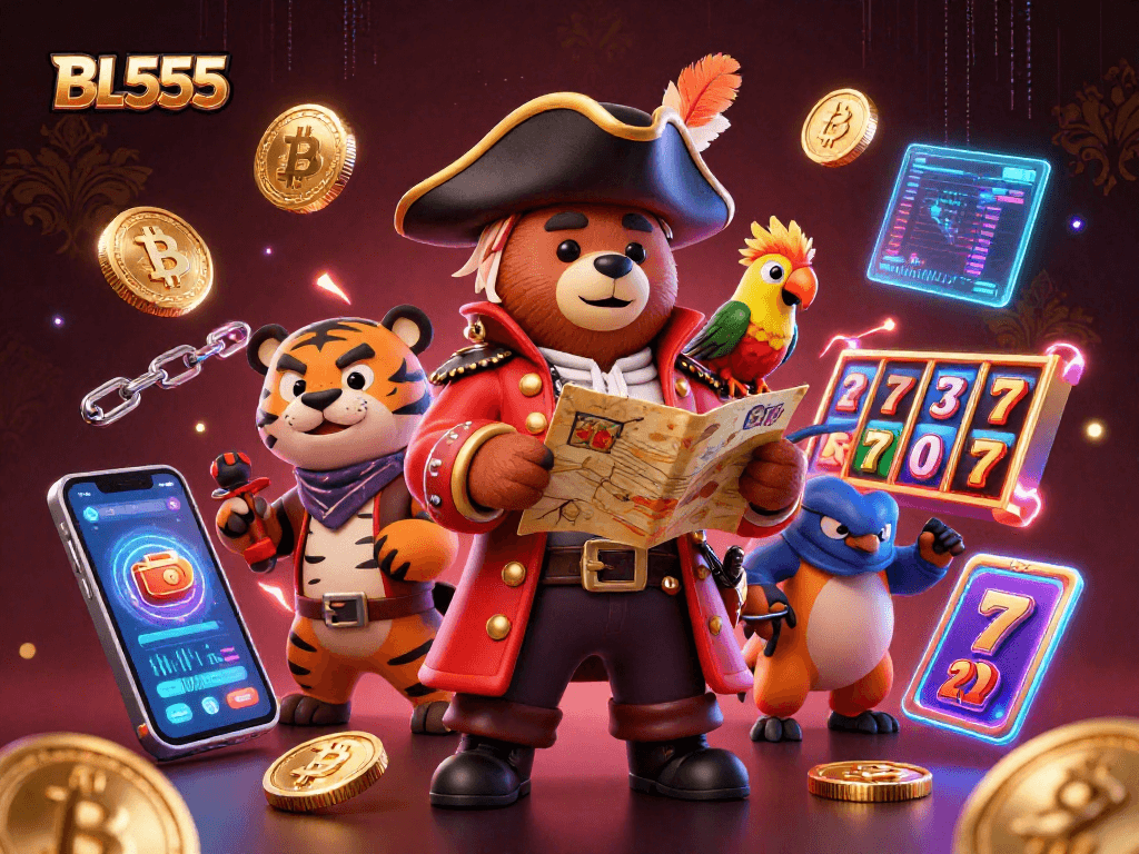 Engage in thrilling gameplay at BL555 with vibrant scenes of cartoon characters and glowing crypto elements.