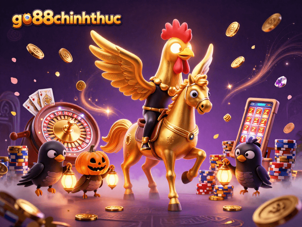 Experience go88chinhthuc with a 3D golden rooster at a vibrant casino with cascading coins.