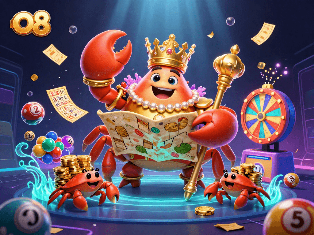 O8 elevates gaming excitement as the crab emperor leads a treasure adventure with vibrant lottery elements.