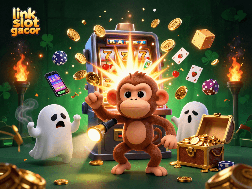 Engage with the thrilling atmosphere of link slot gacor, featuring a playful monkey and a ghost-hunter puppy amidst dazzling jackpot action.