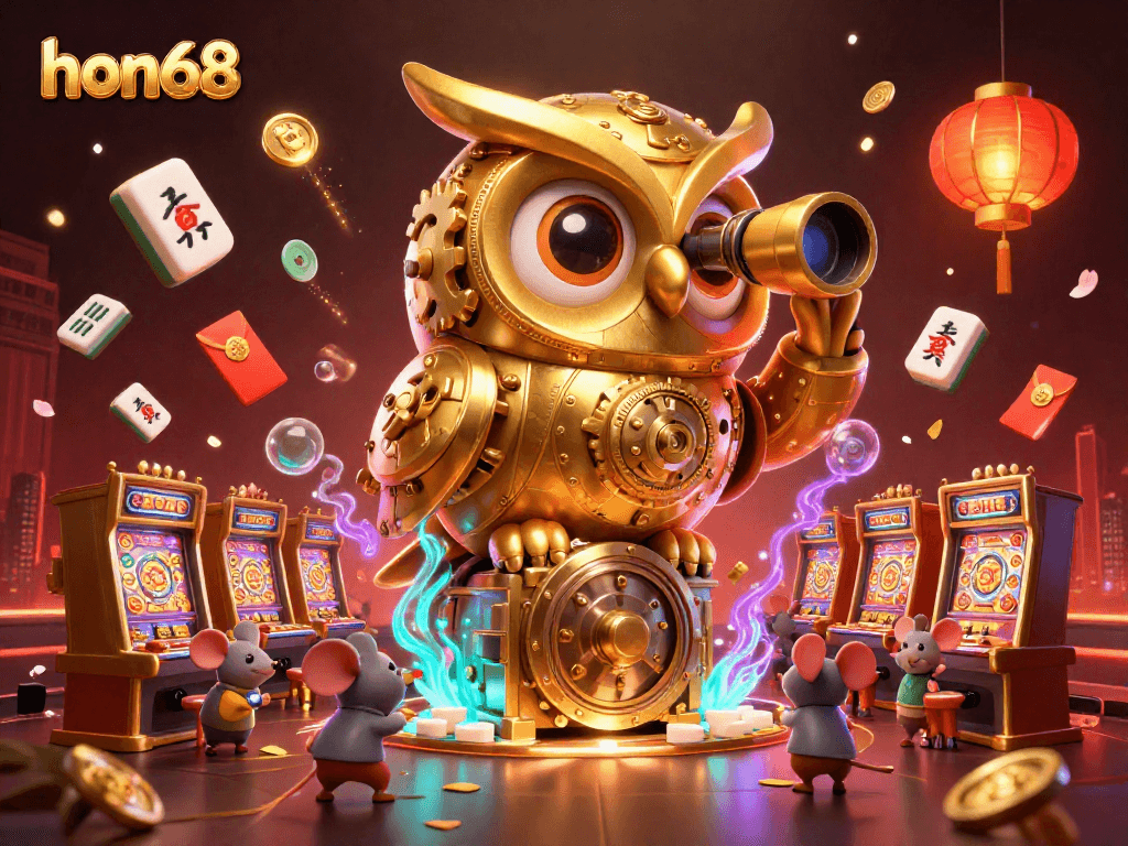 Experience the excitement of hon68's casino floor with a cartoon owl overseeing fun gaming action.