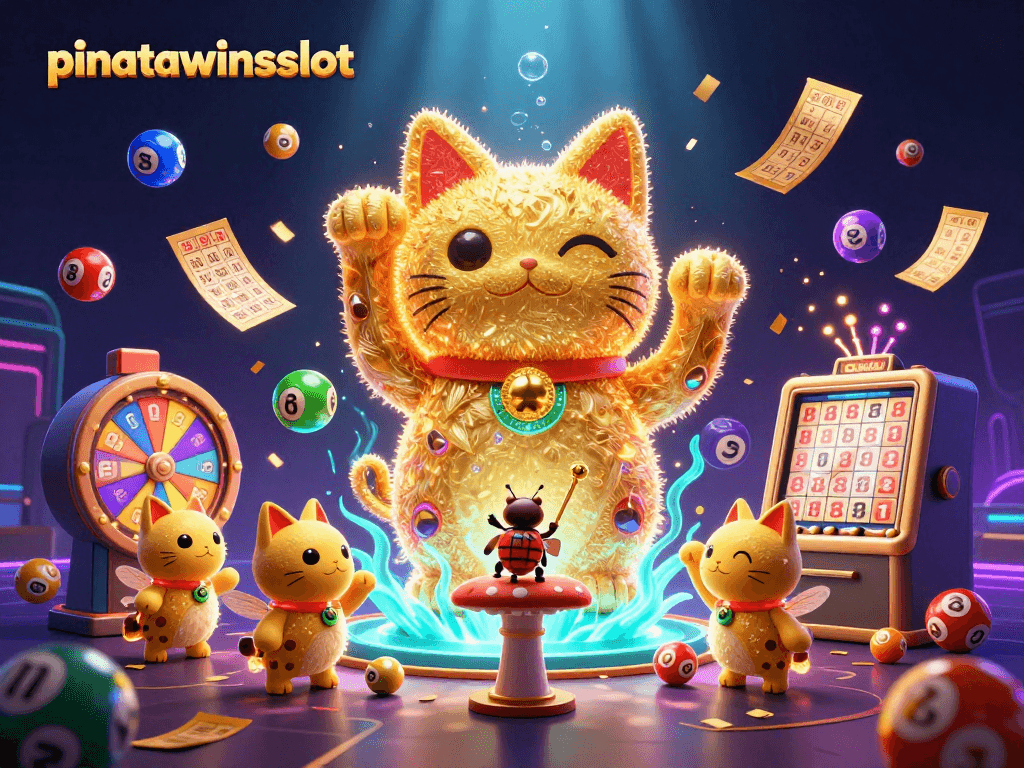 Experience the vibrant world of pinatawinsslot with a dynamic golden lucky cat scene surrounded by exciting casino elements.
