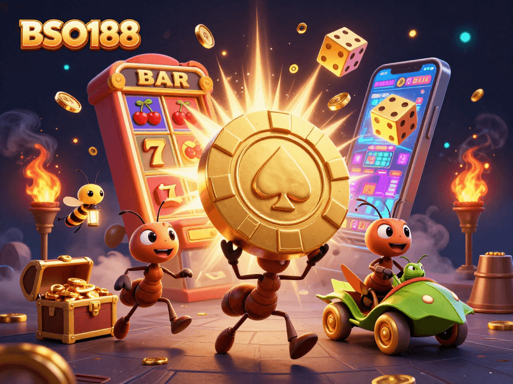 BSO188 captures the thrilling moments of a casino heist with playful ants and gold chips.