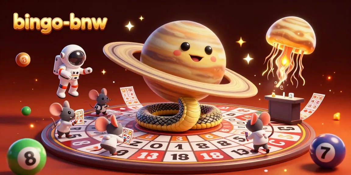 Bingo-bnw players marking cards with vibrant bingo balls in an animated cosmic setting.