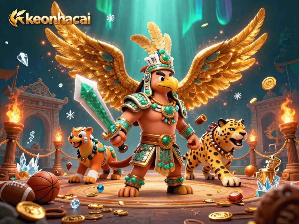Engage in thrilling sports betting action with keonhacai showcasing Aztec warriors and dynamic casino elements.