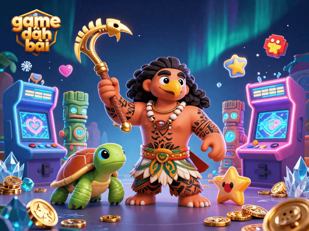 Experience thrilling game đánh bài with a demigod hawk and gaming elements in this vibrant 3D scene.