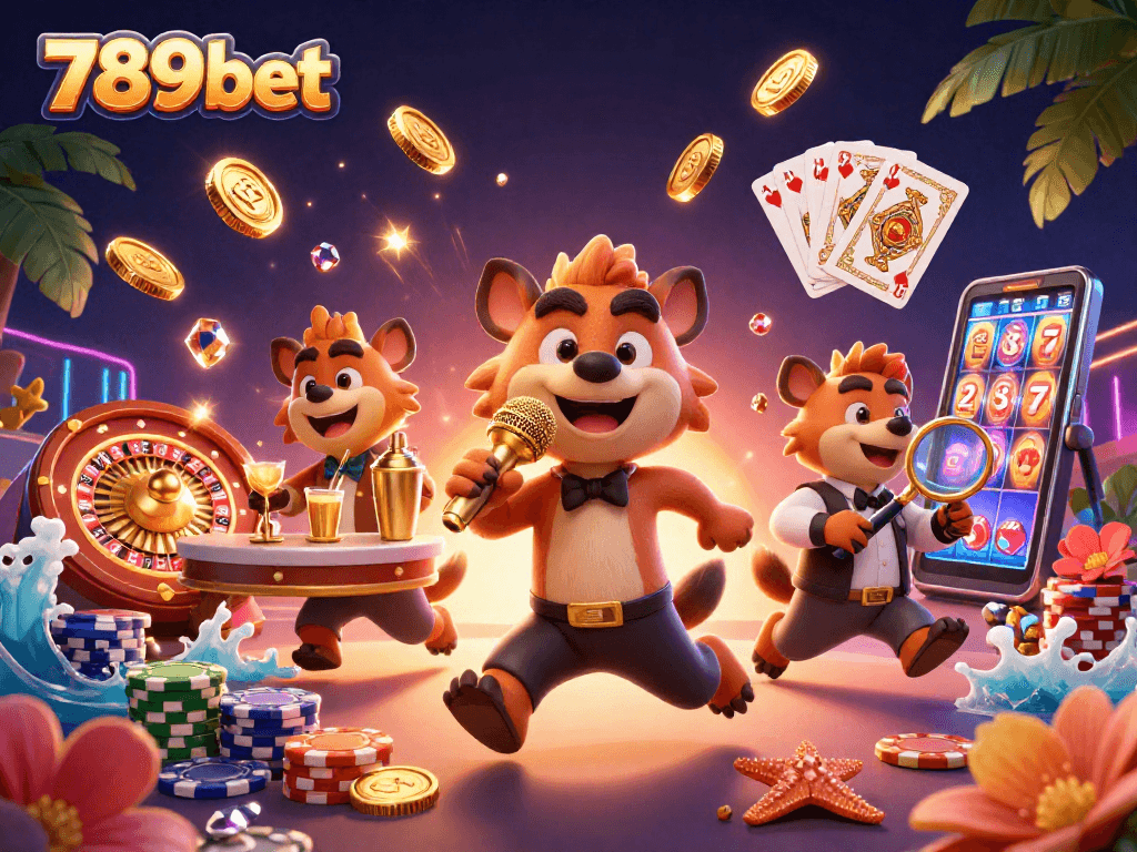 Experience top-tier gaming excitement at 789bet with lively casino atmosphere featuring hyenas and golden elements.
