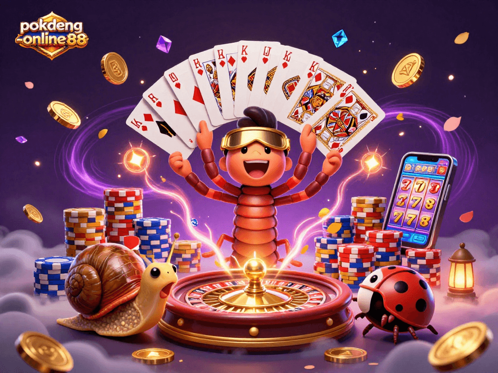 Experience exciting gameplay at pokdeng-online88 with vibrant casino characters, dynamic cards, and golden coins!
