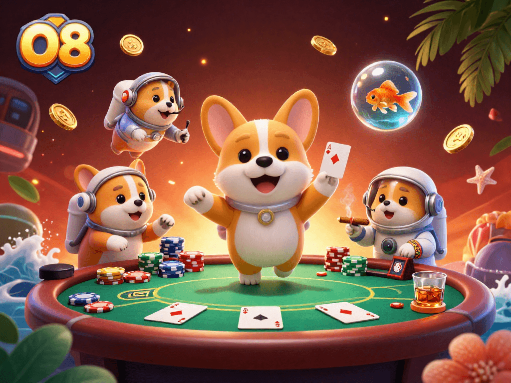 Experience thrilling games at O8 with a floating casino scene featuring playful characters and vibrant interactions.
