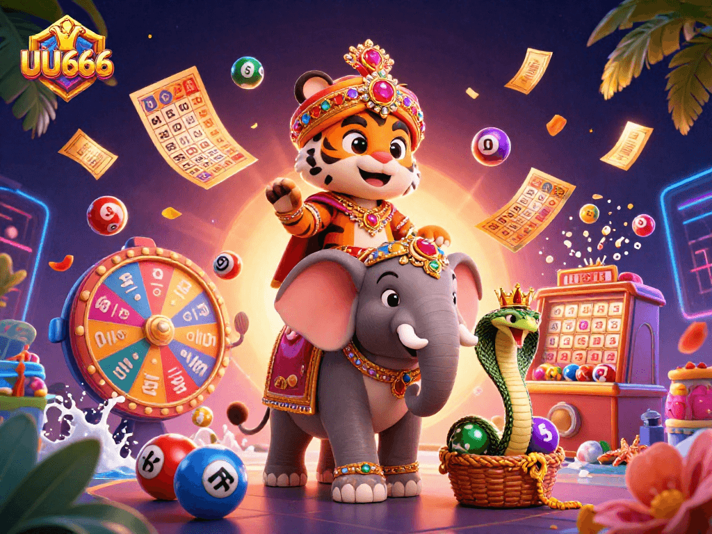 Experience thrilling gameplay with UU666's vibrant lottery and casino elements in a festive 3D illustration.