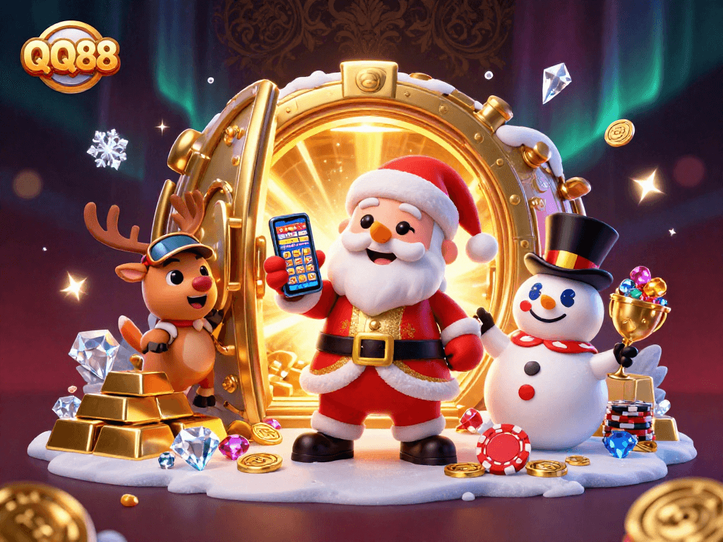 Spin for wins with QQ88 as Santa, a reindeer dealer, and a poker chip snowman celebrate in a vibrant 3D casino.