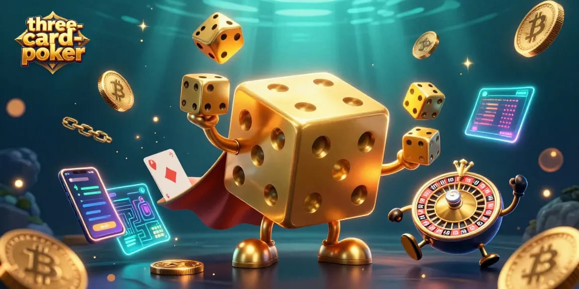 Engage in three-card-poker with vibrant 3D illustration showcasing golden dice and dynamic game elements.