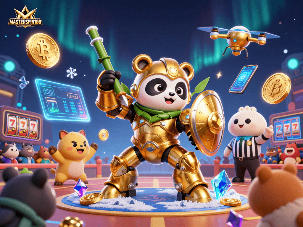 Experience excitement at MASTERSPIN188 with a vibrant 3D casino scene illustrated with crypto elements.