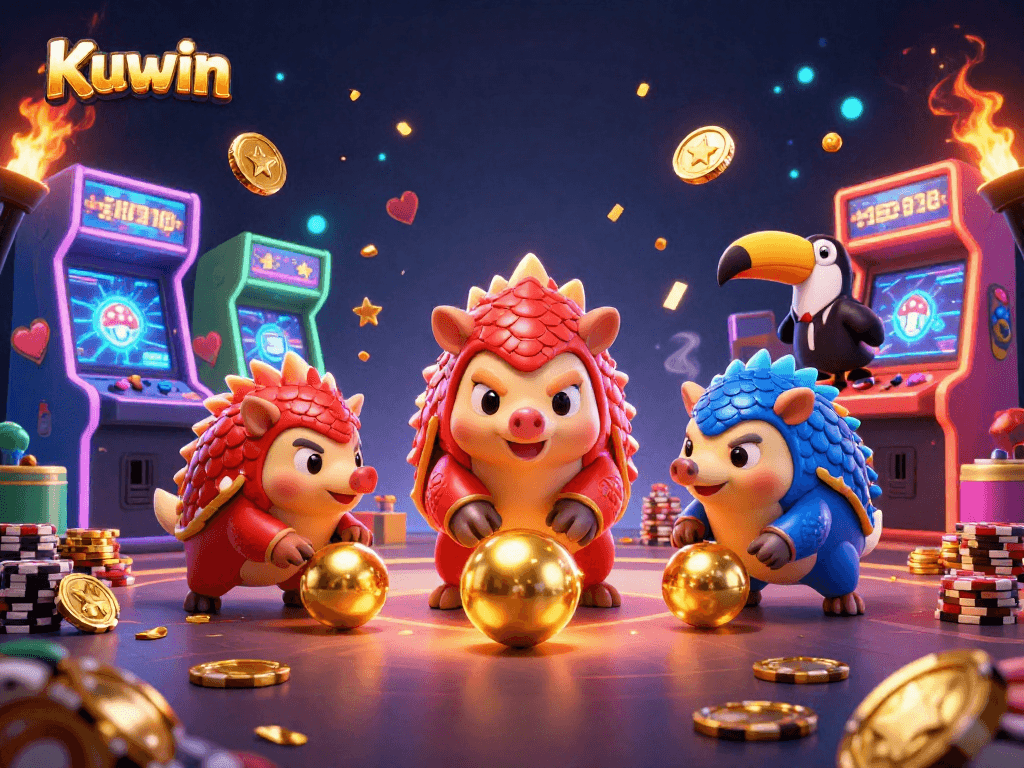 Kuwin's exciting casino adventure featuring rival pangolins rolling golden balls and bowling chips