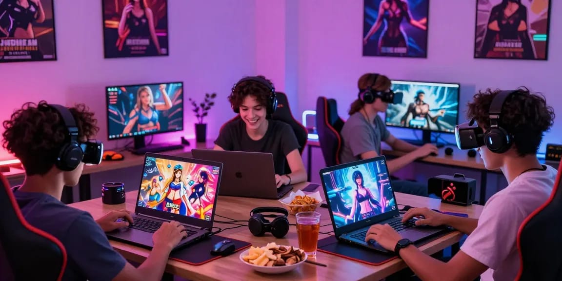 Players enjoying immersive sexgames on various devices in a vibrant gaming room setting.