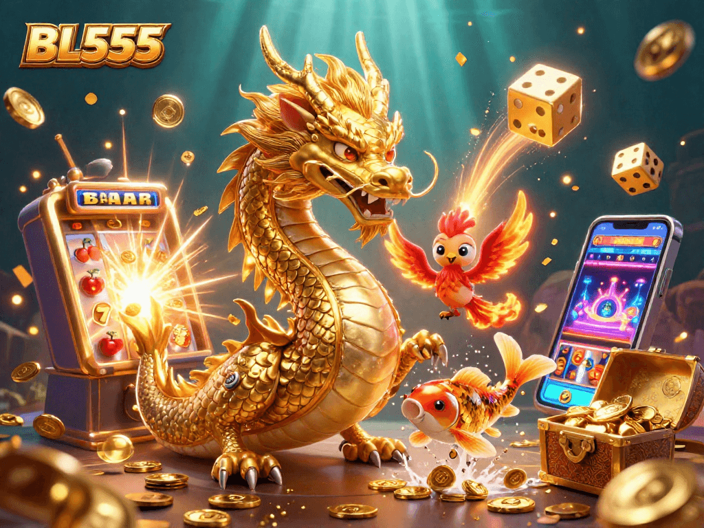 Engage in thrilling gameplay at BL555 featuring a golden dragon with a phoenix, symbolizing luck and fortune.