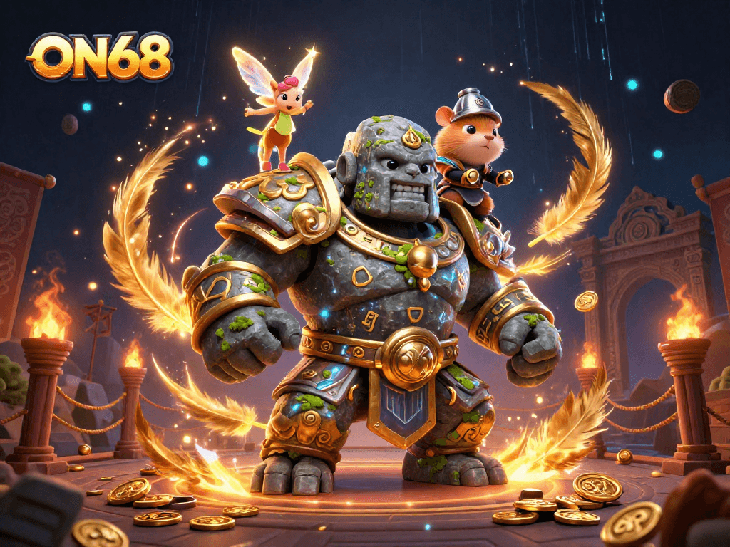 Experience ON68's magical gaming realm with enchanting characters and rich casino-themed elements.