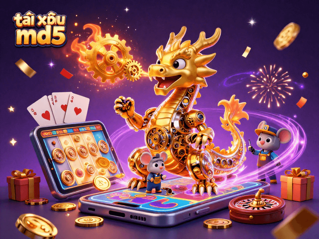 Experience exhilarating tài xỉu md5 gaming with a golden dragon and dynamic slots in this vibrant illustration.