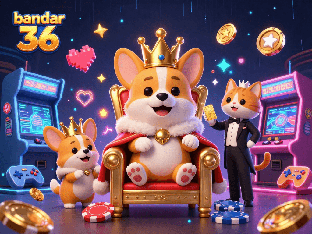 bandar 36 merayakan kemenangan di kasino dengan corgi kerajaan dan efek neon yang memukau