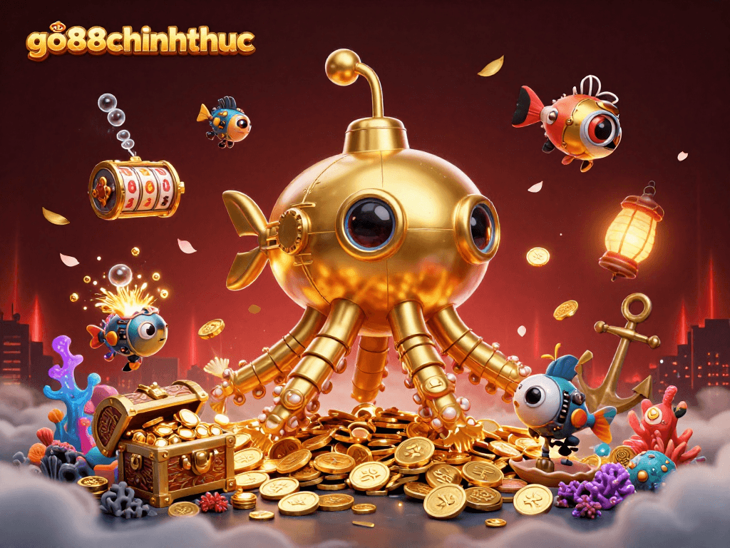 Engage with go88chinhthuc's dynamic cartoon scene of a kraken submarine amidst golden coins.