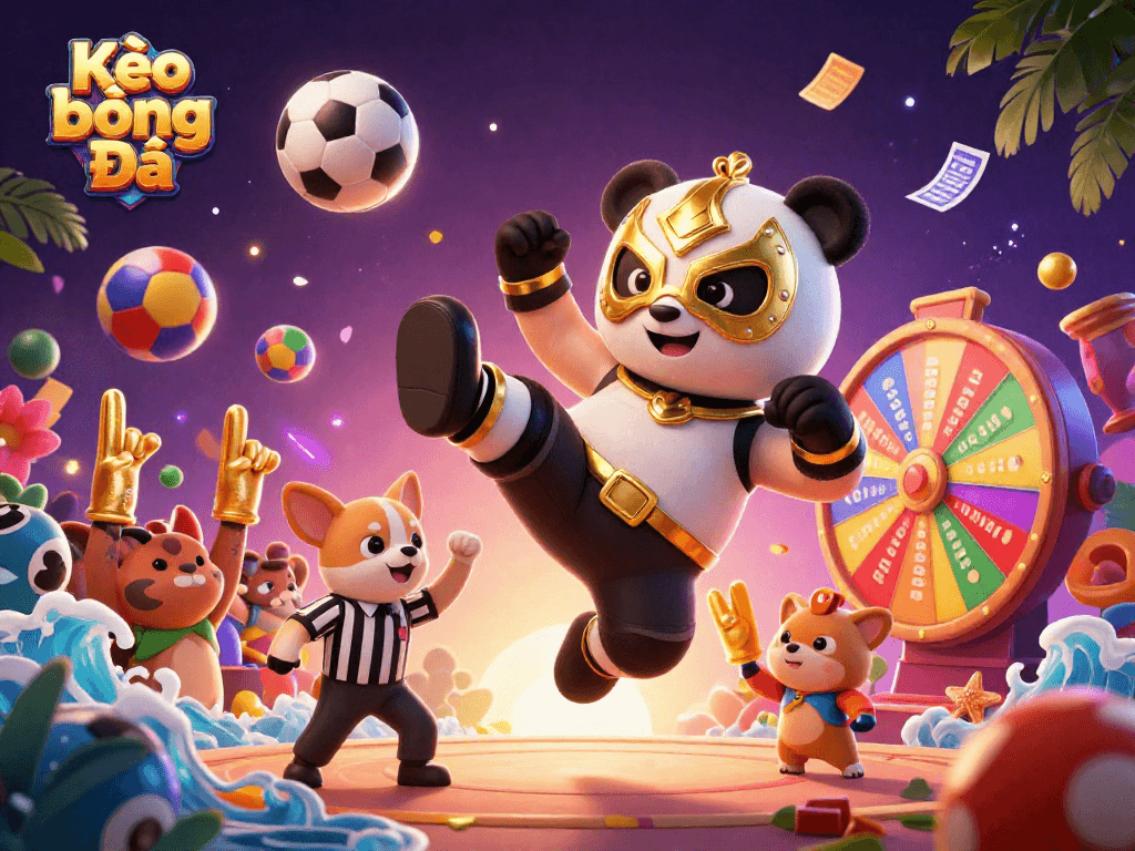 Kèo Bóng Đá betting scene with a wrestler panda, referee chihuahua, and excited animal spectators.
