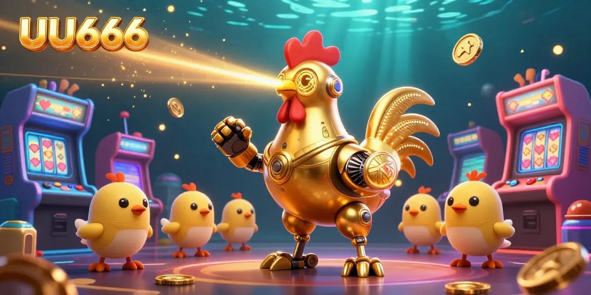 UU666 features a golden rooster robot navigating a vibrant casino scene packed with 3D arcade games and lively elements.