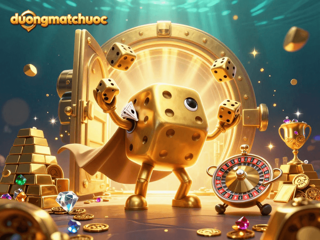 Play duongmatchuoc with a dynamic scene featuring a golden dice golem, treasures, and casino elements.
