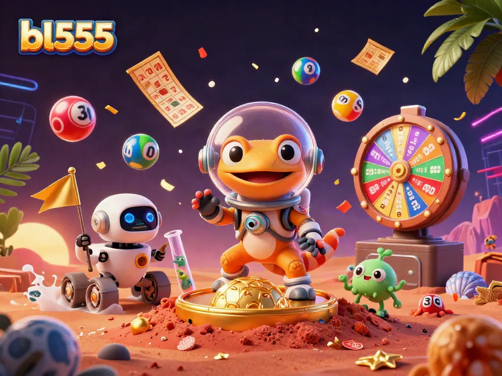 bl555 casino-themed illustration showcasing a Martian gecko, dynamic game elements, and vibrant graphics for online gambling.