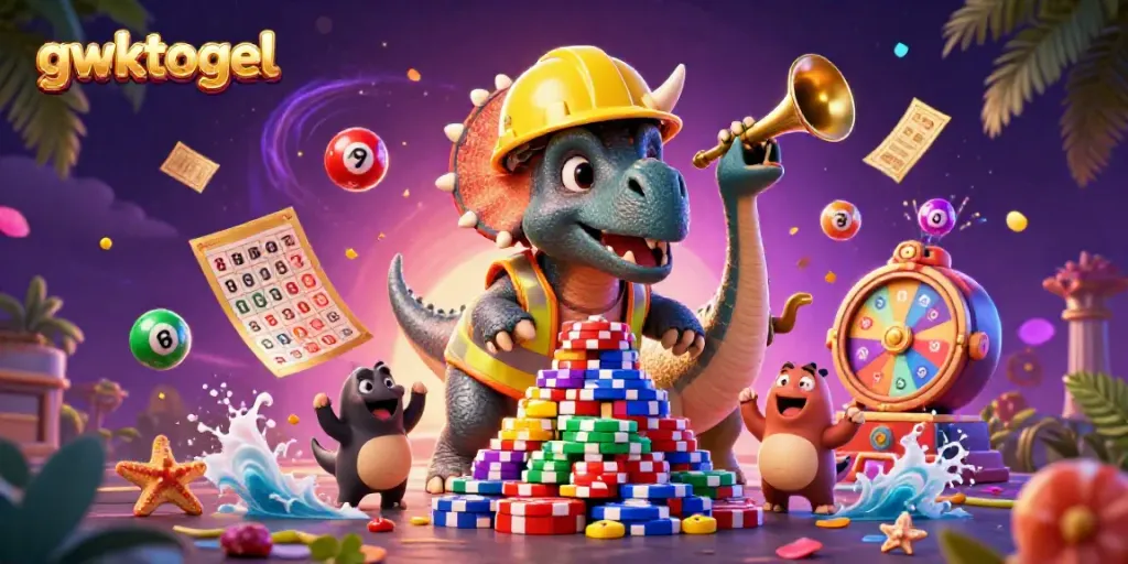 Menampilkan gwktogel, triceratops dan parasaurolophus merayakan hasil undian dengan bola lotere berwarna-warni.