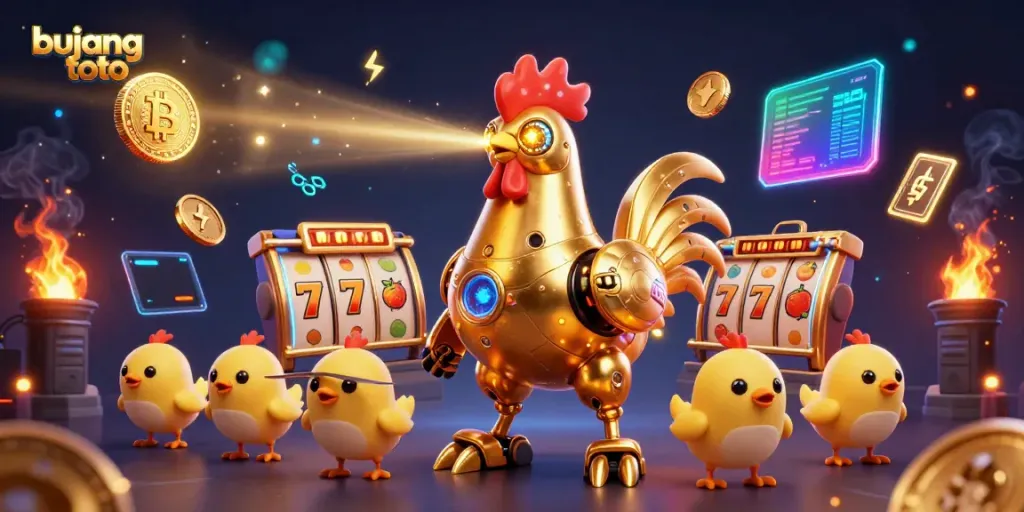 Engage with bujang toto gaming through a vibrant scene featuring a golden rooster robot amidst slot machines and crypto elements.
