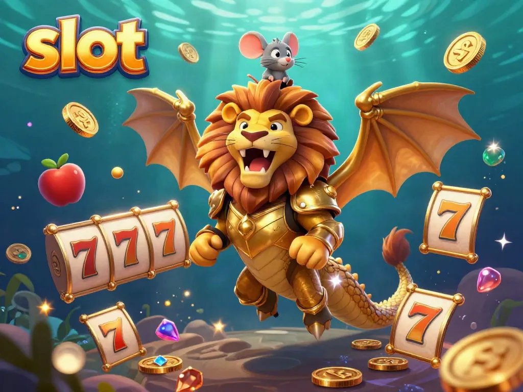 Engage in thrilling slot gaming with a majestic chimera and mouse jockey, surrounded by reels and vibrant casino symbols.