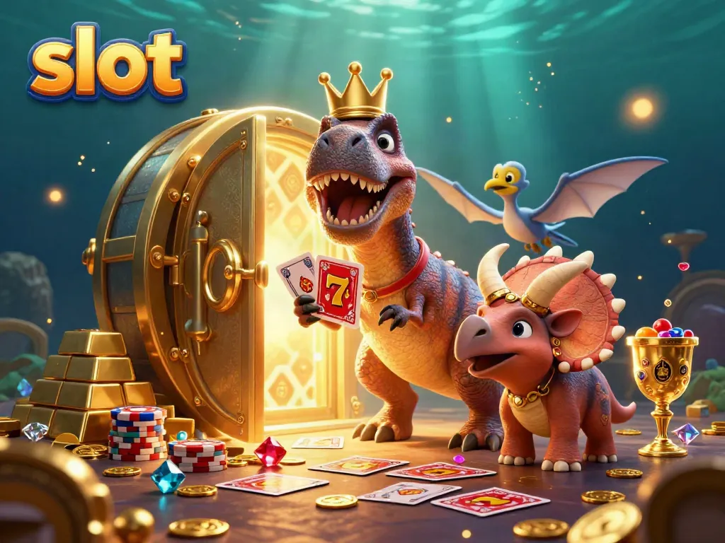 Engaging illustration scene showcasing a T-Rex and friends enjoying slot machine action among golden treasures.