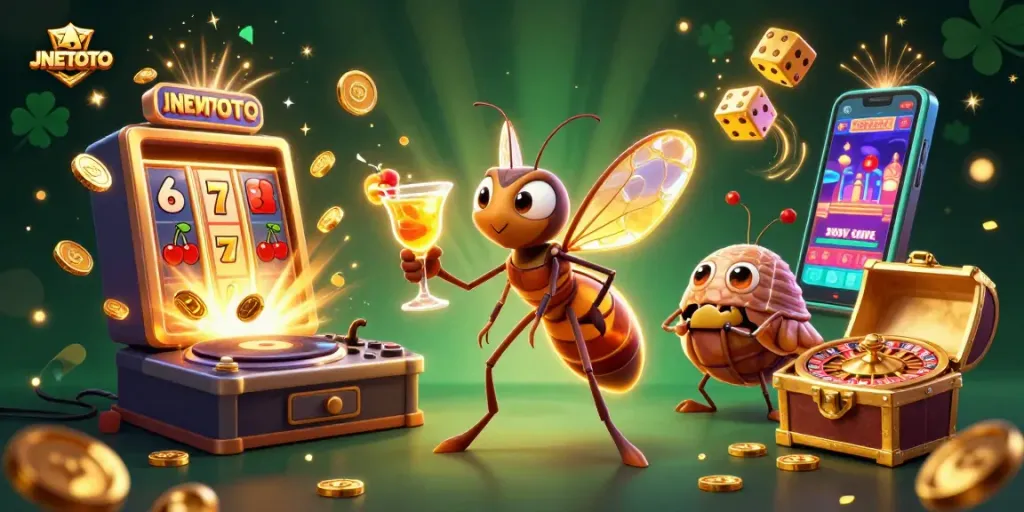 Engage in thrilling gameplay at JNETOTO featuring vibrant 3D characters and casino elements.