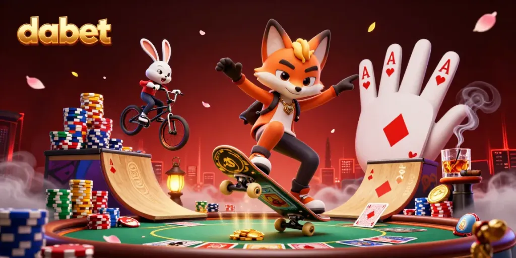 Experience thrilling action at dabet with our vibrant casino scene featuring a skateboarder fox and BMX rabbit