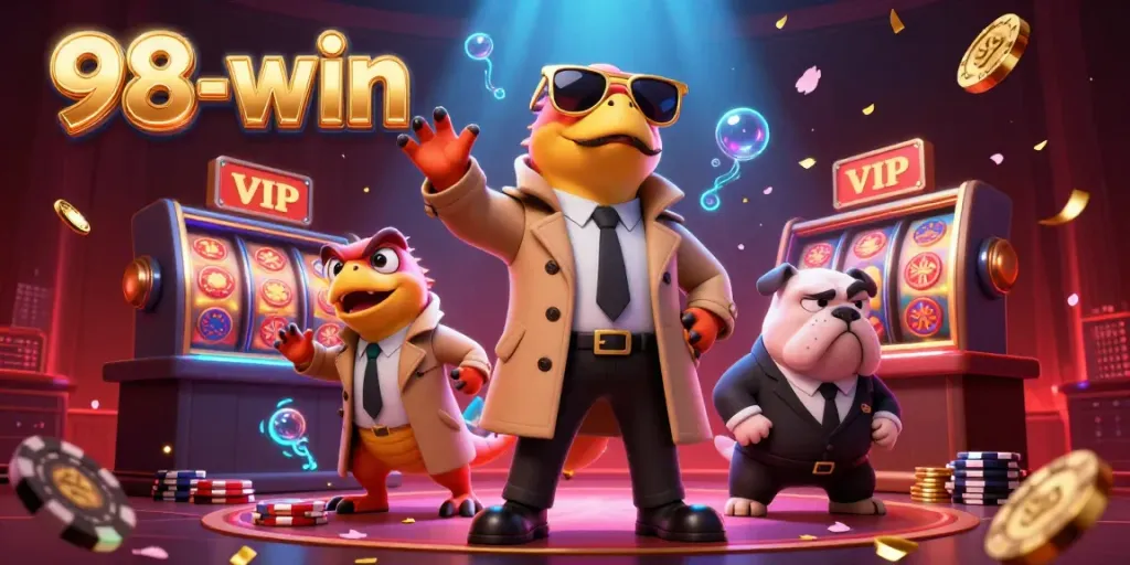 Win big at 98-win with playful raptors in a trench coat entering a VIP casino scene.