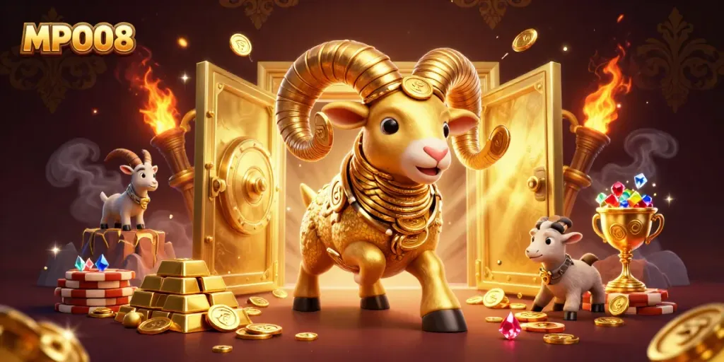 Experience the excitement of MPO08 with a golden ram charging through a treasure-filled casino.