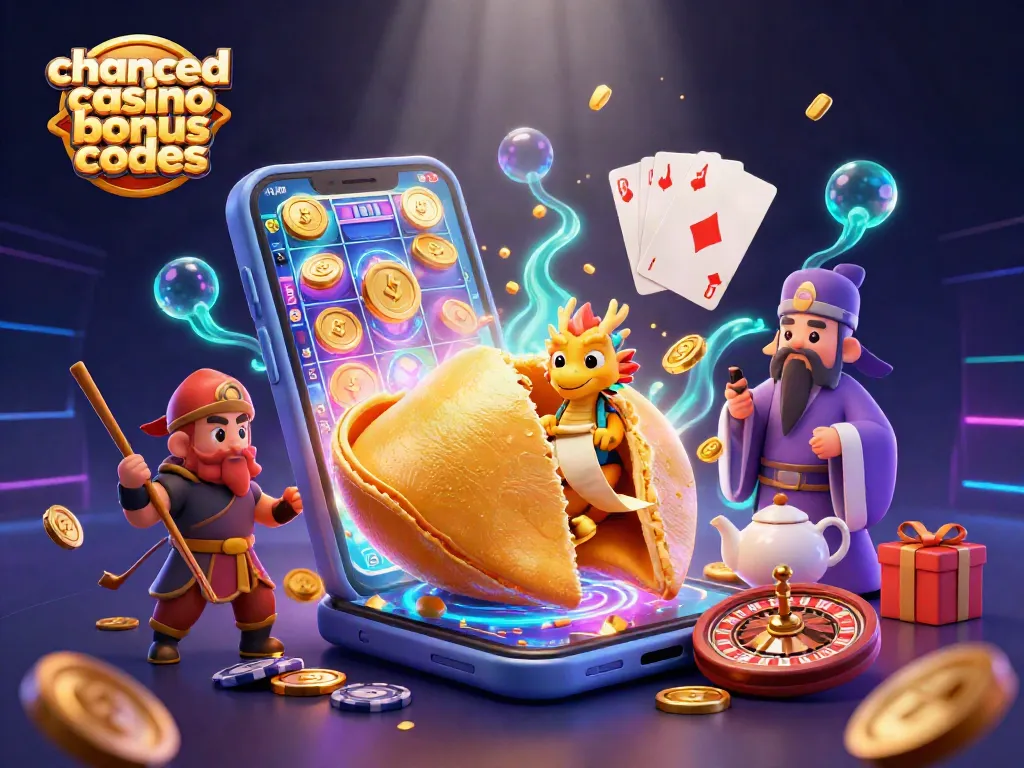 Engage with chanced casino bonus codes in a vibrant 3D scene of a fortune cookie casino adventure.