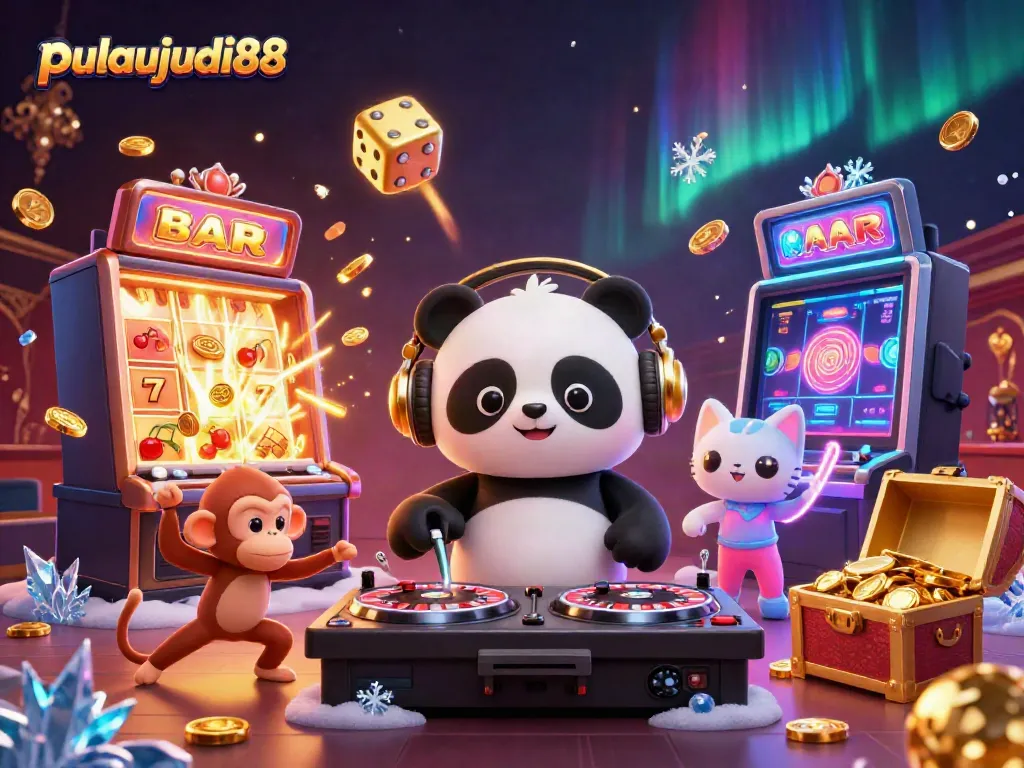 Merayakan keseruan permainan slot di pulaujudi88 dengan panda DJ, monyet penari, dan kucing glow-stick.